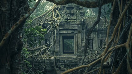 Ancient Temple Overgrown With Roots In The Jungle