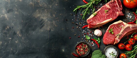 Two raw beef steaks with spices and herbs on a black stone background.