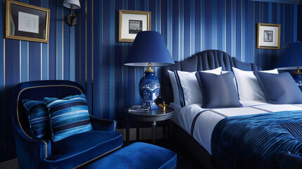 A sophisticated blue-themed bedroom with navy and royal blue striped walls, a blue velvet chair, and matching blue lampshades.