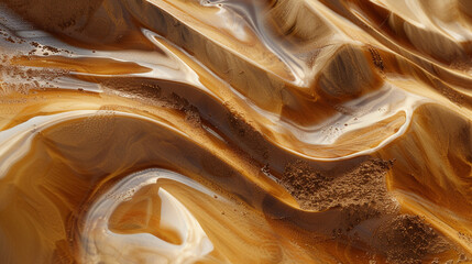 Rich earthy browns and ochres swirl in organic shapes reminiscent of windswept dunes, set against abstract terrain.