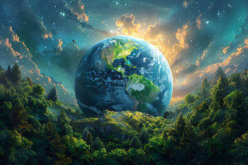 Fototapeta na wymiar A vibrant blue and green eco Earth globe symbolizes environmental world protection and ecological conservation, promoting the message 