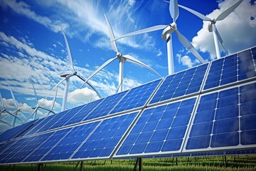 solar panels with wind turbine, green energy, sustainability	
