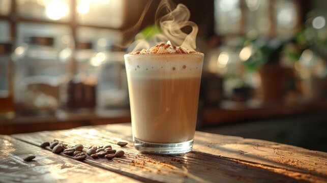coffee shop vibes, a hot vanilla latte on a rustic table with a cozy setting, ideal for a relaxing afternoon getaway