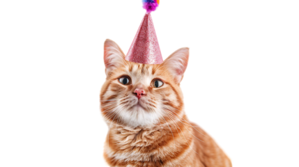 funny cat celebrating in a festive cap isolated on transparent background