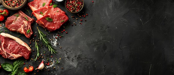 A variety of raw steaks with spices and herbs on a black stone background.