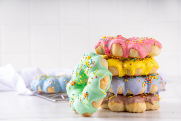 Asian trendy mochi donuts dessert. Sweet colorful mochi donuts baked pastry, with various toppings...
