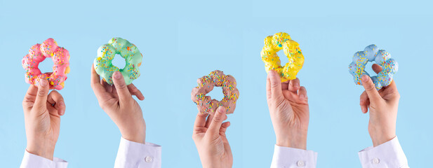 Asian trendy mochi donuts dessert. Sweet colorful mochi donuts baked pastry, with various toppings...