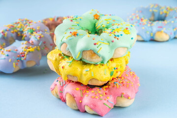 Asian trendy mochi donuts dessert. Sweet colorful mochi donuts baked pastry, with various toppings and fillings