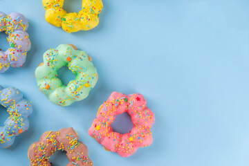 Asian trendy mochi donuts dessert. Sweet colorful mochi donuts baked pastry, with various toppings and fillings