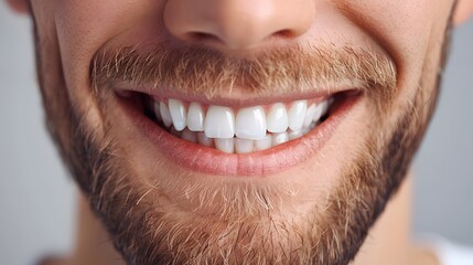 Fototapeta premium Close up of smiling man with white teeth, in the style of white dental modeling. 
