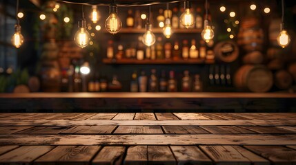 Blurred empty bar interior with wooden tables and hanging light bulbs, background for product presentation on screen or print design mockup.
