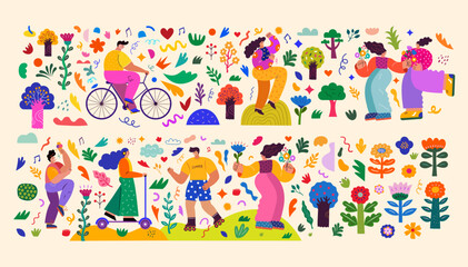 Big summer set with people. Happy people dance, rejoice, walk, rollerblade, bike, scooter. Illustration on a summer theme and summer leisure. Summer events and adventures.