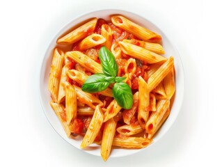 mezze penne with tomato sauce dish, white background