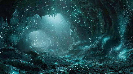 A sprawling network of underground tunnels and passages, illuminated by the soft glow of bioluminescent algae, concealing the secrets of a hidden world beneath the surface.