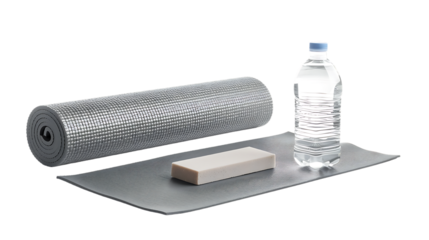 Grey exercise mat yoga block and bottle of water isolated on transparent background
