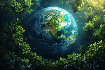 A vibrant blue and green eco Earth globe symbolizes environmental world protection and ecological conservation, promoting the message "Save the Planet" for Earth Day celebrations