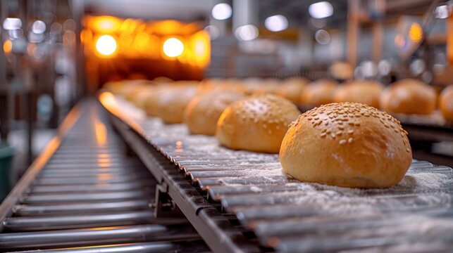 automated baking process, technologically advanced assembly line transports dough to the industrial oven in fully automated bread bakery, showcasing cutting-edge baking technology