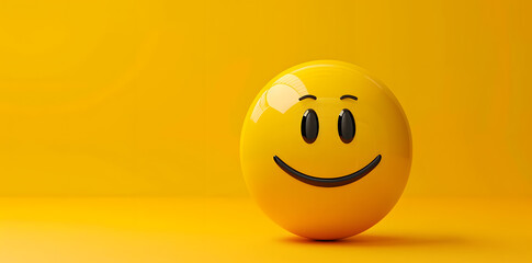 Fototapeta premium Happy yellow smile emoji isolated on yellow background with copyspace for text