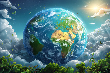 Fototapeta premium A vibrant blue and green eco Earth globe highlighting themes of environmental world protection, ecological conservation, and the message of 