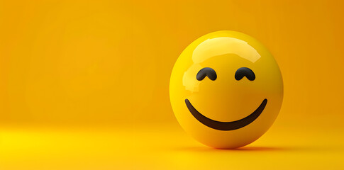 Happy yellow smile emoji isolated on yellow background with copyspace for text