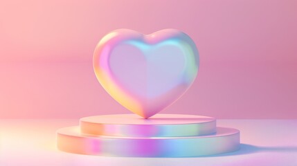 Valentine's day gift presentation using a heart-shaped podium mock-up on an iridescent background. Modern realistic illustration.