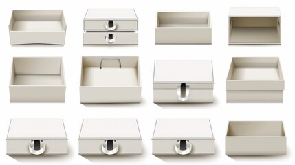Featured image is of an empty slide box with a ribbon puller. This is an illustration of a realistic modern set of drawer shape cardboard package templates for gift or presentation ideas.