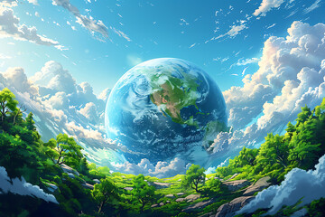 A vibrant blue and green eco Earth globe highlighting themes of environmental world protection, ecological conservation, and the message of "Save the Planet" in celebration of Earth Day