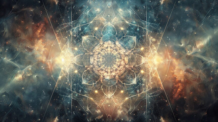 A symmetrical arrangement of geometric forms radiating outwards from a central point, converging and diverging in a cosmic dance of order and chaos. - Powered by Adobe