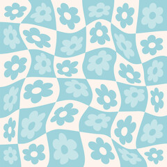 Y2K background, retro abstract flowers on distorted chessboard. Aesthetics of the 90s, style of the 2000s