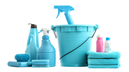 Light blue bucket and many different car wash products isolated on transparent background