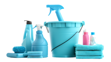 Light blue bucket and many different car wash products isolated on transparent background