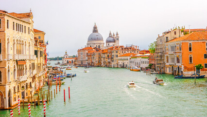 Venice, Italy. Panoramic over Grand Canal with Basilica di Santa Maria della Salute, in Venice...