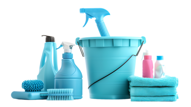 Light blue bucket and many different car wash products isolated on transparent background