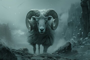 Powerful ram stands amid a foggy, ethereal mountain scene, exuding strength and mystery - Powered by Adobe