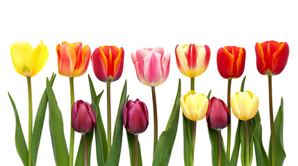 Many beautiful tulips isolated on transparent background
