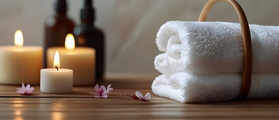 SPA concept, white towel, flowers, candles, relax and massages