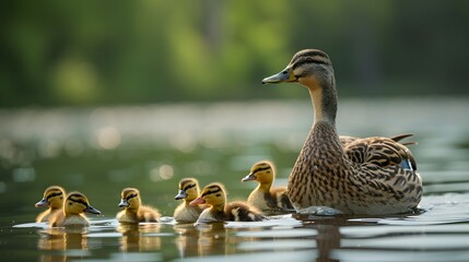 Fototapeta premium Duck mother and ducklings swimming on the lake, in high resolution photography, in a high quality photo, in high definition. 
