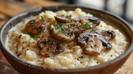 mushroom risotto, indulge in a rich and creamy mushroom risotto, infused with aromatic herbs, an exquisite dish to pamper your palate and elevate any dining experience