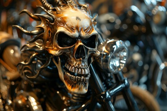Glowing Biker demon skeleton. Monster skull. Generate Ai