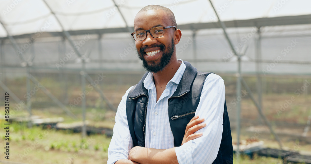 Wall mural farmer, smile or face of black man with arms crossed or pride in agriculture farming or gardening. p