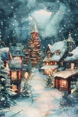 christmas snowy village center in Watercolor painting