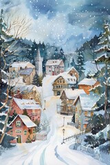 christmas snowy village center in Watercolor painting