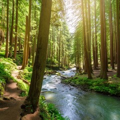 morning in the forest and lake 