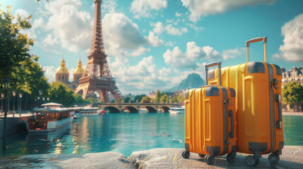 Suitcases packed and ready for an European adventure, with 3D-rendered images of renowned landmarks...