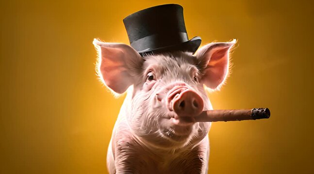 Schwein mit Zylinder und Zigarre vor gelbem Hintergrund