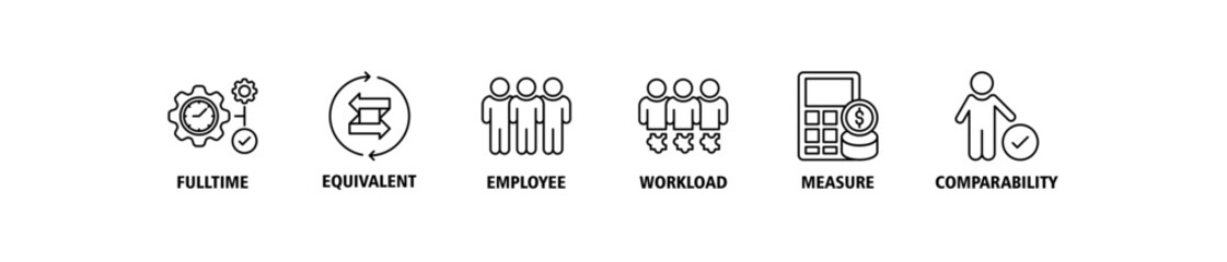 FTE banner web icon set vector illustration concept of full time equivalent with icon of full-time, equivalent, employee, workload, measure and comparability