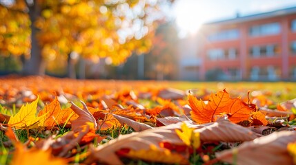 Autumn banner with colorful red fallen leaves and a school or college building in the background.
