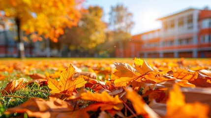 Autumn banner with colorful red fallen leaves and a school or college building in the background.