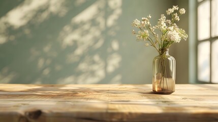 Empty wooden table with blurred background and flower vase for product display presentation, wood desk top mockup in an interior design concept.
