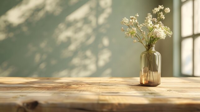 Empty wooden table with blurred background and flower vase for product display presentation, wood desk top mockup in an interior design concept.
